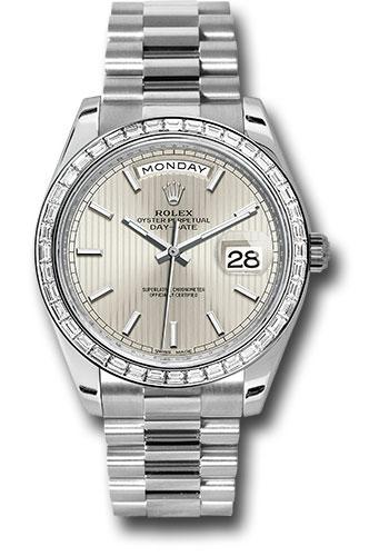 Rolex 950 Platinum Day-Date 40 Watch - Bezel - Silver Strip Motif Index Dial - President Bracelet - 228396TBR ssmip