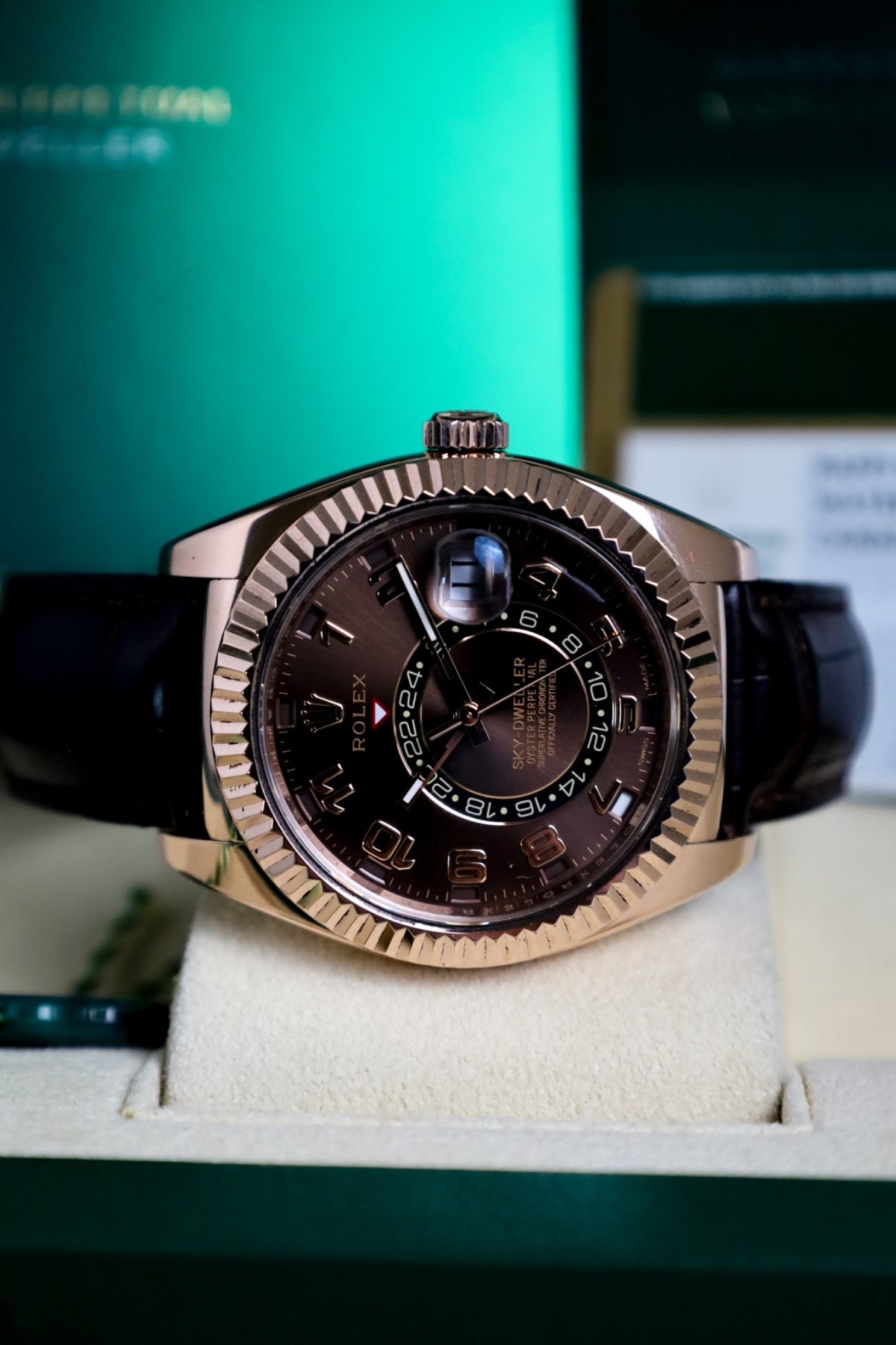 Rolex Sky-Dweller Rose Gold Chocolate Dial Full Set Arabic Dial Discontinued