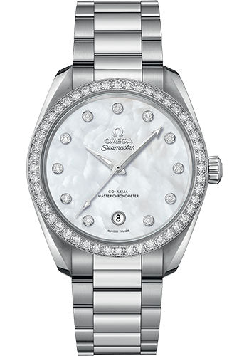 Omega Seamaster Aqua Terra 150M Co-Axial Master Chronometer Ladies Watch - 38 mm Steel Case - Diamond-Set Bezel - White Mother-Of-Pearl Diamond Dial - 220.15.38.20.55.001