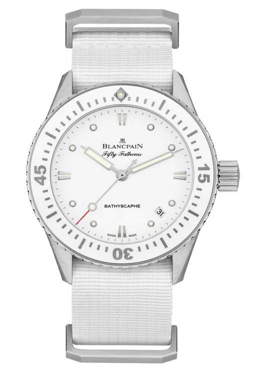 Blancpain Fifty Fathoms Bathyscaphe 38mm Ultra-Slim White NATO Ladies Watch - 5100 1127 NAWA