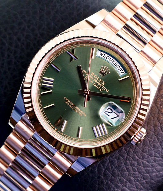 Rolex Day-Date 40 NEW 228235 Olive Green President Rose Gold