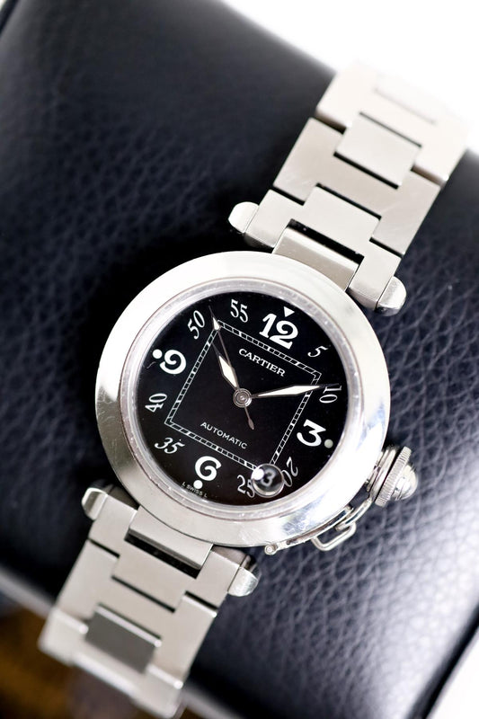 Cartier Pasha C 2324 Stainless Steel Arabic Numeral Black Dial - NW Timepieces