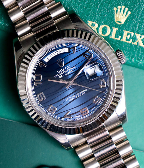 Rolex Day-Date II 218239 Blue Wave Dial White Gold 41mm