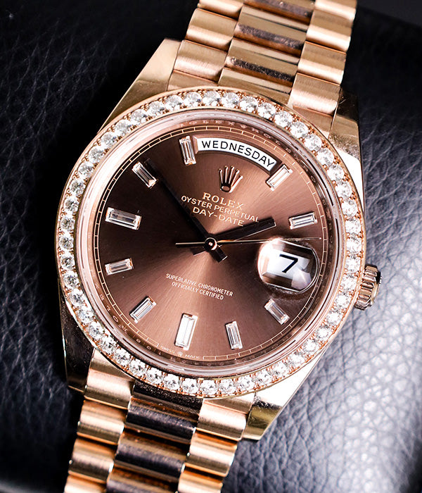 Rolex Day-Date 40 Full Set Rose Gold Factory Diamonds Chocolate