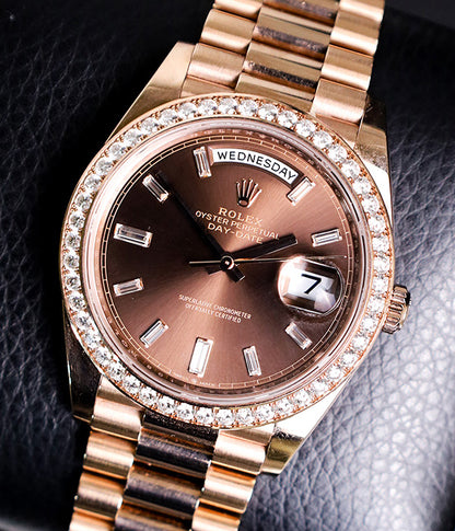 Rolex Day-Date 40 Full Set Rose Gold Factory Diamonds Chocolate