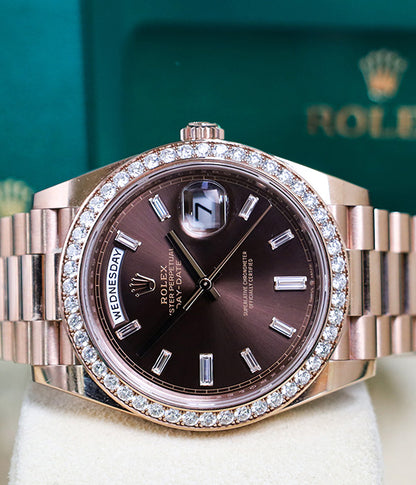 Rolex Day-Date 40 Full Set Rose Gold Factory Diamonds Chocolate