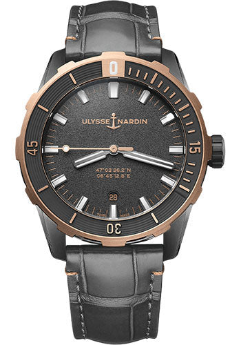 Ulysse Nardin Diver - 42mm Steel and Rose Gold Case - Grey Dial - Dark Grey Leather Strap