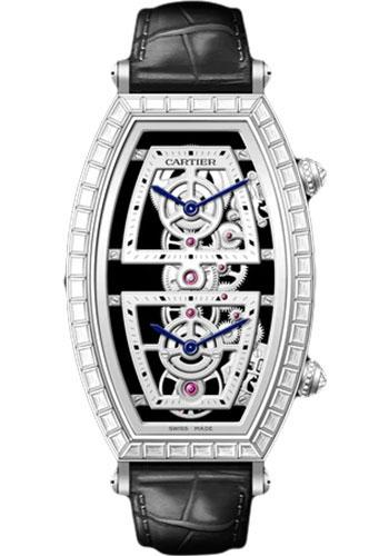 Cartier Tonneau Skeleton Xl Watch - 52.4 mm x 29.8 mm Platinum Diamond Case - Skeleton Dial - Black Leather Strap - HPI01291