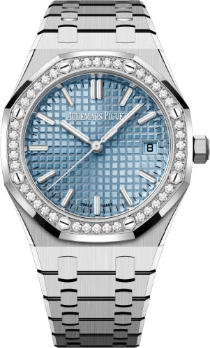 Audemars Piguet Royal Oak 34mm Stainless Steel Light Blue Dial Diamond Bezel Watch | 77451ST.ZZ.1361ST.03